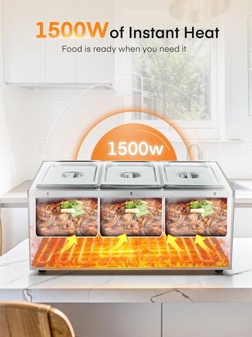Commercial 3-Pan Food Warmer 1500W – Stainless Steel Steam Table for Buffet, Catering & Restaurant, with Individual Temperature Control, Drain Tap, Water Refill Alert – Includes 3 x 1/3 GN Pans in Saudi Arabia