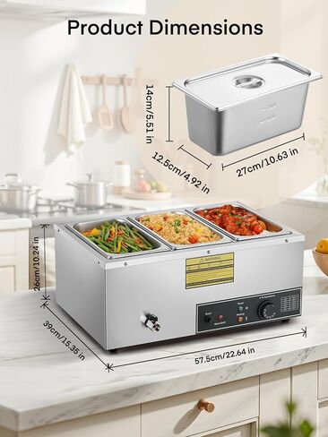 Commercial 3-Pan Food Warmer 1500W – Stainless Steel Steam Table for Buffet, Catering & Restaurant, with Individual Temperature Control, Drain Tap, Water Refill Alert – Includes 3 x 1/3 GN Pans in Saudi Arabia