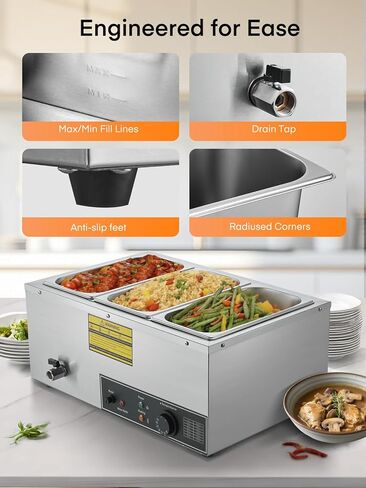 Commercial 3-Pan Food Warmer 1500W – Stainless Steel Steam Table for Buffet, Catering & Restaurant, with Individual Temperature Control, Drain Tap, Water Refill Alert – Includes 3 x 1/3 GN Pans in Saudi Arabia