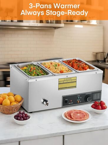 Commercial 3-Pan Food Warmer 1500W – Stainless Steel Steam Table for Buffet, Catering & Restaurant, with Individual Temperature Control, Drain Tap, Water Refill Alert – Includes 3 x 1/3 GN Pans in Saudi Arabia