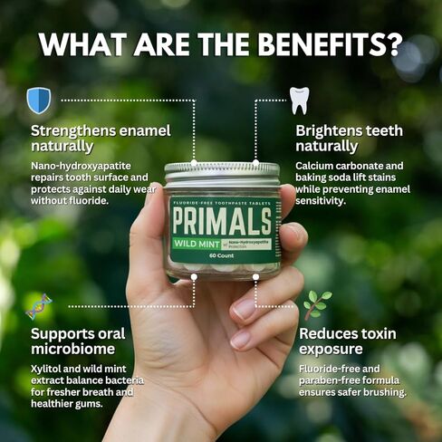 PRIMALS Fluoride-Free Toothpaste Tablets - Nano Hydroxyapatite - Zero Artificial Flavors or Plastic - Remineralizes & Whitens Teeth - 60 Count (1 Month Supply) in Kuwait