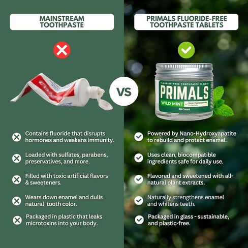 PRIMALS Fluoride-Free Toothpaste Tablets - Nano Hydroxyapatite - Zero Artificial Flavors or Plastic - Remineralizes & Whitens Teeth - 60 Count (1 Month Supply) in Kuwait
