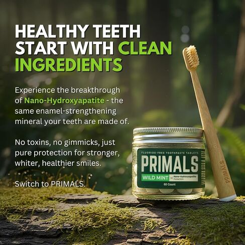 PRIMALS Fluoride-Free Toothpaste Tablets - Nano Hydroxyapatite - Zero Artificial Flavors or Plastic - Remineralizes & Whitens Teeth - 60 Count (1 Month Supply) in Kuwait