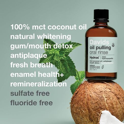 غسول الفم بزيت نانو هيدروكسيباتيت من ديفيدز، 100% زيت جوز الهند MCT، يعزز صحة الأسنان واللثة، تبييض طبيعي، زيوت أساسية لمكافحة الطاعون وإنعاش التنفس، نكهة النعناع، ​​9 أونصة in Kuwait