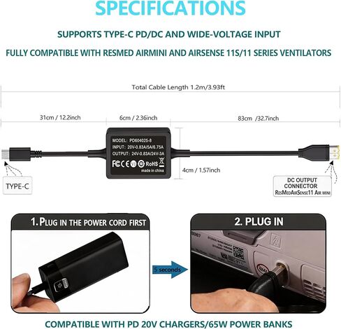 20V CPAP Power Cord for ResMed AirSense 11 AirCurve 11 & AirMini CPAP Machines Power， CPAP Charger DC Coverter Cable Fit PD 20v Charging Head/ 65W Battery Backup/Power Station/Power Bank in Saudi Arabia