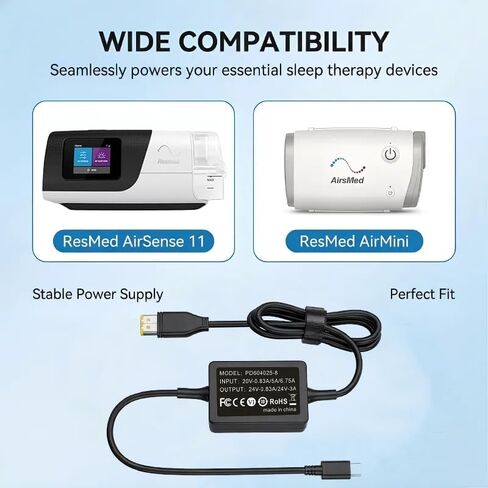 20V CPAP Power Cord for ResMed AirSense 11 AirCurve 11 & AirMini CPAP Machines Power， CPAP Charger DC Coverter Cable Fit PD 20v Charging Head/ 65W Battery Backup/Power Station/Power Bank in Saudi Arabia