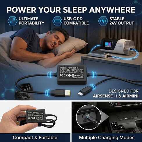 20V CPAP Power Cord for ResMed AirSense 11 AirCurve 11 & AirMini CPAP Machines Power， CPAP Charger DC Coverter Cable Fit PD 20v Charging Head/ 65W Battery Backup/Power Station/Power Bank in Saudi Arabia