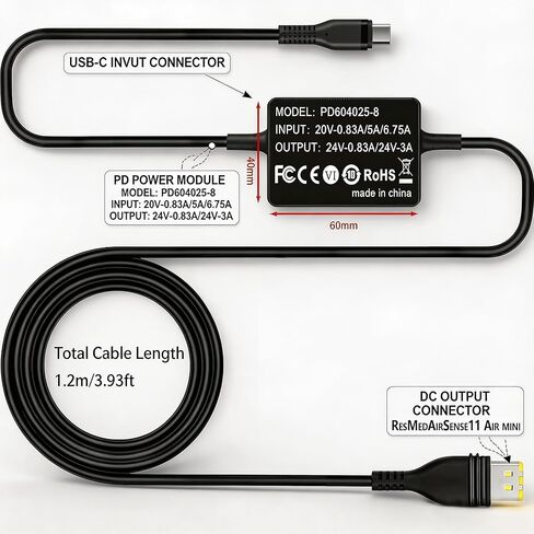 20V CPAP Power Cord for ResMed AirSense 11 AirCurve 11 & AirMini CPAP Machines Power， CPAP Charger DC Coverter Cable Fit PD 20v Charging Head/ 65W Battery Backup/Power Station/Power Bank in Saudi Arabia