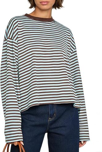 Striped Long Sleeve Shirt Women Y2k Oversized Crewneck Vintage Tops Fall Winter Drop Shoulder Cute Preppy Pullover in Kuwait