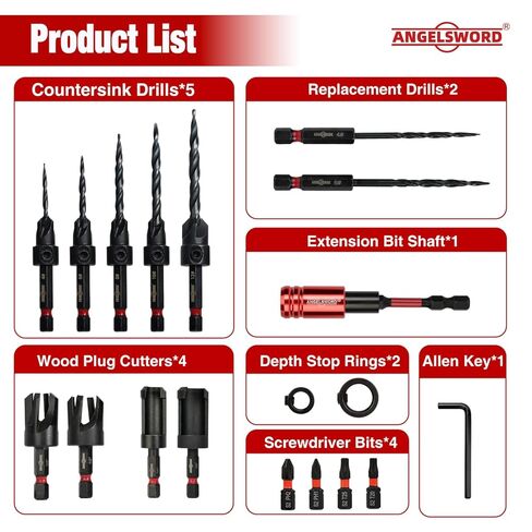ANGELSWORD Countersink Drill Bit Set, 19 PCS Tapered Drill Bits Counter Sink Drill Bit with 4PCS Wood Plug Cutters, 1PC Magnetic Extension Bit Shaft for Woodworking in Saudi Arabia