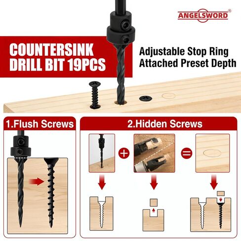 ANGELSWORD Countersink Drill Bit Set, 19 PCS Tapered Drill Bits Counter Sink Drill Bit with 4PCS Wood Plug Cutters, 1PC Magnetic Extension Bit Shaft for Woodworking in Saudi Arabia