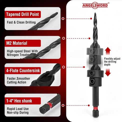 ANGELSWORD Countersink Drill Bit Set, 19 PCS Tapered Drill Bits Counter Sink Drill Bit with 4PCS Wood Plug Cutters, 1PC Magnetic Extension Bit Shaft for Woodworking in Saudi Arabia