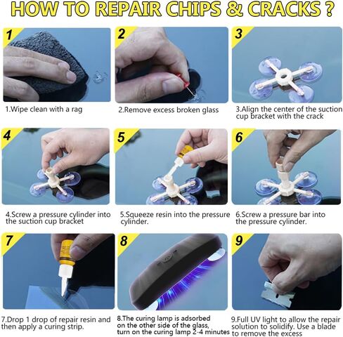 Clamper 4 PCS مجموعة إصلاح زجاجية أصفر الأصفر الأصفر-Zhu ، Cracks Got Glass Repair Kit Automotive Firce for Chips ، Cracks in Kuwait