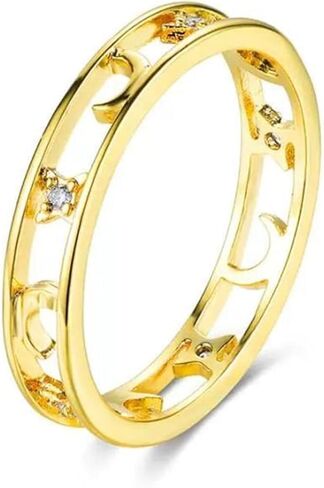 Crescent Moon Star Ring for Women, 925 Sterling Silver Non Tarnish Dainty CZ Hollow Moon Star Rings to Daughter Mother 14K Gold Plated Anxiety Rings for Birthday Halloween Thanksgiving Day Jewelry Gift in Kuwait