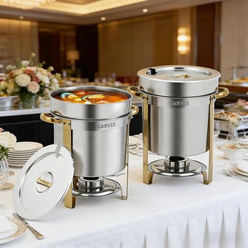 Commercial 11QT Soup Chafer Set, 2 Pack Stainless Steel Round Food Warmers Set with Pot, Notched Lids & Fuel Containers, Soup Warmers Ideal for Buffet Service & Event Catering in Kuwait
