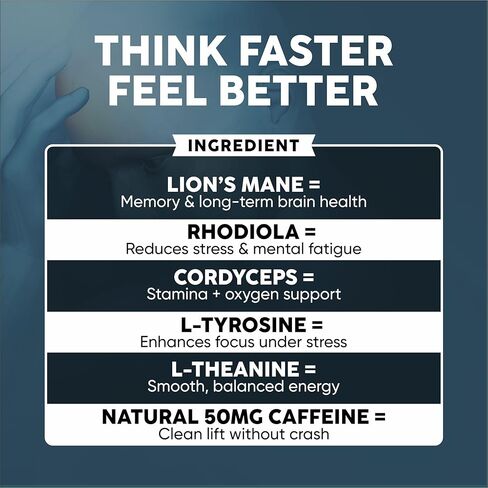 Nootropic Brain Supplement with Lion’s Mane Mushroom, Cordyceps & Rhodiola Rosea Extract - Focus and Energy Supplement, Adaptogen for Brain Health, Mental Clarity, Memory & Mood Support - 60 Capsules in Saudi Arabia