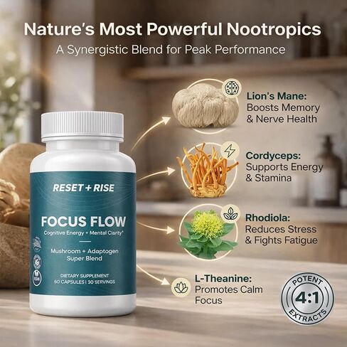 Nootropic Brain Supplement with Lion’s Mane Mushroom, Cordyceps & Rhodiola Rosea Extract - Focus and Energy Supplement, Adaptogen for Brain Health, Mental Clarity, Memory & Mood Support - 60 Capsules in Saudi Arabia