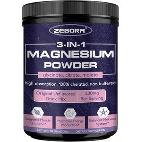 ZEBORA Magnesium Powder for Sleep, Chelated Magnesium Complex Supplement with Glycinate, Citrate and Malate, Unflavored Drink Mix with Electrolytes for Muscle & Brain Health, Vegan, Non-GMO, 10.58oz in Kuwait