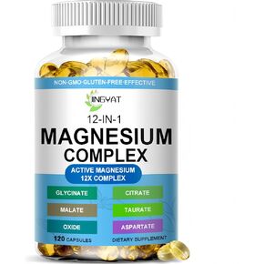 كبسولات هلامية من مركب المغنيسيوم - مكمل مغنيسيوم 12 في 1 مع الجليسينات والسيترات والمالات والأكسيد والتورات - مركب مغنيسيوم عالي الامتصاص للنساء والرجال لدعم العضلات والقلب والنوم والعظام والأعصاب in Kuwait
