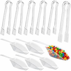 12 Combo Pack, 6 Clear Small Serving Tongs And 6 Clear Plastic Scoops For Candy Buffet Containers Set - Premium Mini Plastic Tongs For Ice, Candies And Candy Scoops For Candy Buffet in Kuwait