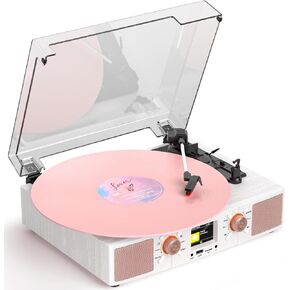 Vinyl Record Player with Built-in Speakers, Vintage Wood Bluetooth 3-Speed Turntable with USB Music Playback, LCD Color Display, Clock, RCA Ouput, AUX Input, White & Rose Gold in Kuwait