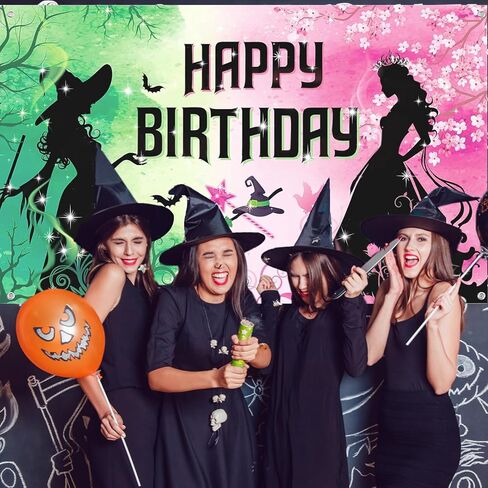 Pink and Green Birthday Backdrop Party Decorations Wicked Birthday Party Decorations Witch Themed Happy Birthday Banner Photo Backdrops for Princess Girls Boys Women Party Supplies Decor in Kuwait