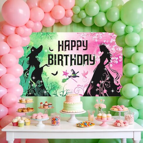 Pink and Green Birthday Backdrop Party Decorations Wicked Birthday Party Decorations Witch Themed Happy Birthday Banner Photo Backdrops for Princess Girls Boys Women Party Supplies Decor in Kuwait