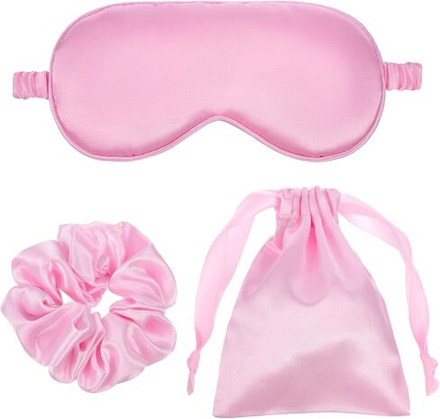 Silk Satin Sleeping Mask Set, Include 1 Double Layer Satin Filling Eye Cover 1 Scrunchie 1 Storage Bags, Pink Soft Breathable Blackout Eyeshade for Women Sleep Travel Nap Bridesmaid Gifts (Pink) in Saudi Arabia
