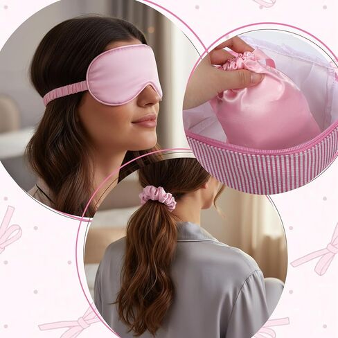Silk Satin Sleeping Mask Set, Include 1 Double Layer Satin Filling Eye Cover 1 Scrunchie 1 Storage Bags, Pink Soft Breathable Blackout Eyeshade for Women Sleep Travel Nap Bridesmaid Gifts (Pink) in Saudi Arabia