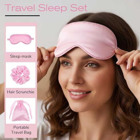 Silk Satin Sleeping Mask Set, Include 1 Double Layer Satin Filling Eye Cover 1 Scrunchie 1 Storage Bags, Pink Soft Breathable Blackout Eyeshade for Women Sleep Travel Nap Bridesmaid Gifts (Pink) in Saudi Arabia