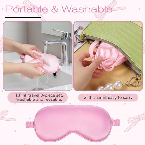 Silk Satin Sleeping Mask Set, Include 1 Double Layer Satin Filling Eye Cover 1 Scrunchie 1 Storage Bags, Pink Soft Breathable Blackout Eyeshade for Women Sleep Travel Nap Bridesmaid Gifts (Pink) in Saudi Arabia