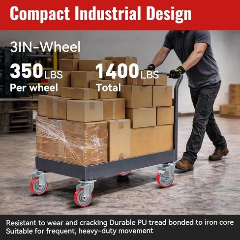 عجلات دوارة من البولي يوريثين مقاس 3 بوصات مع قلب من الحديد الزهر (مجموعة من 4 - سعة إجمالية تبلغ 1400 رطل)، عجلات بديلة صناعية واسعة مقاس 1.25 بوصة للعربات وقواعد المعدات ومناضد العمل in Kuwait