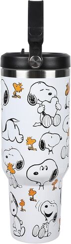 زجاجة مياه بيضاء من الفولاذ المقاوم للصدأ بطباعة كاملة من Bioworld Peanuts Snoopy & Woodstock سعة 30 أونصة in Saudi Arabia