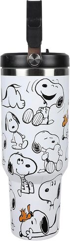 زجاجة مياه بيضاء من الفولاذ المقاوم للصدأ بطباعة كاملة من Bioworld Peanuts Snoopy & Woodstock سعة 30 أونصة in Saudi Arabia