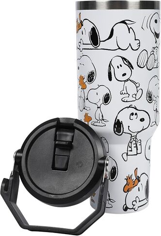 زجاجة مياه بيضاء من الفولاذ المقاوم للصدأ بطباعة كاملة من Bioworld Peanuts Snoopy & Woodstock سعة 30 أونصة in Saudi Arabia
