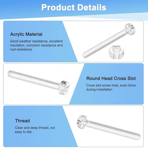 M METERXITY 30-Set Clear Transparent Screws and Hex Nuts Kit, M3x25mm Acrylic Plastic Cross-recessed Round Head Screws for Machine Accessories/DIY Equipment/Model, Hand Tighten Bolts in Saudi Arabia