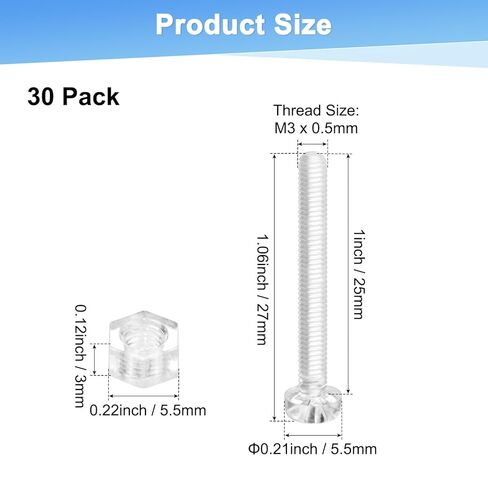 M METERXITY 30-Set Clear Transparent Screws and Hex Nuts Kit, M3x25mm Acrylic Plastic Cross-recessed Round Head Screws for Machine Accessories/DIY Equipment/Model, Hand Tighten Bolts in Saudi Arabia