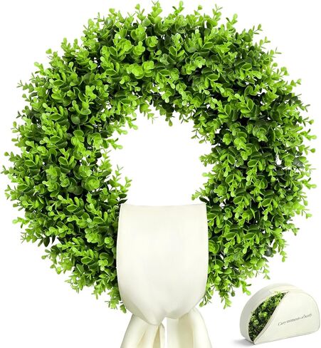 21''Boxwood Wreath,Summer Artificial Greenery Garland with Sash for Front Door Outdoor Porch Decor. in Saudi Arabia