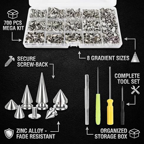 700 Pcs Punk Spikes and Studs Kit, Secure Screw-Back Leather Rivets for Crafts, Mixed 8 Size Cone Spikes and Square Pyrami Studs DIY Decoration for Biker Jackets, Shoes & Dog Collars in Saudi Arabia