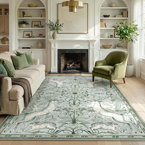 Lahome Boho Animal 5x7 Washable Living Room Area Rugs, Green Soft Rugs for Bedroom, Botanical Large Boho Non Slip Dining Room Carpet for Under Table Entryway Kitchen Office (5x7ft,Green) in Saudi Arabia