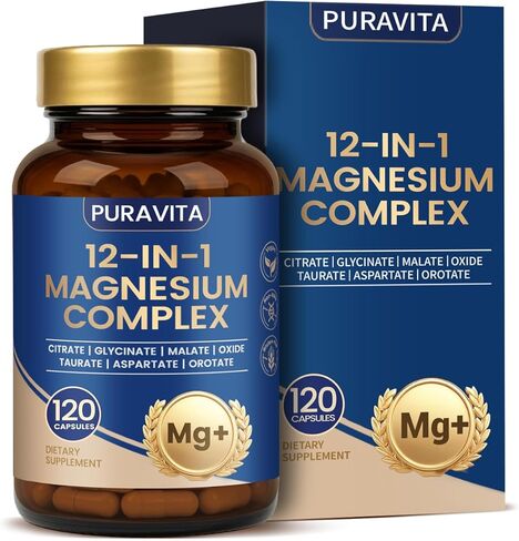 Puravita Magnesium Complex - Puravita 12 in 1 Magnesium Supplement with Glycinate, Citrate, Malate, Oxide, Taurat & More for Muscle, Nerve & Sleep Support, 120 Count in Saudi Arabia