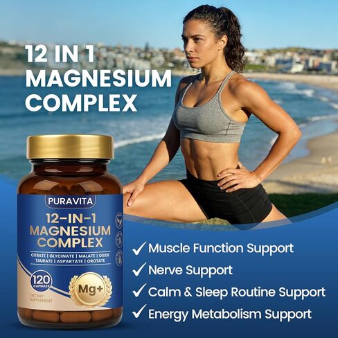 Puravita Magnesium Complex - Puravita 12 in 1 Magnesium Supplement with Glycinate, Citrate, Malate, Oxide, Taurat & More for Muscle, Nerve & Sleep Support, 120 Count in Saudi Arabia