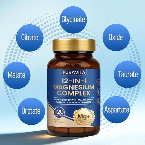 Puravita Magnesium Complex - Puravita 12 in 1 Magnesium Supplement with Glycinate, Citrate, Malate, Oxide, Taurat & More for Muscle, Nerve & Sleep Support, 120 Count in Saudi Arabia