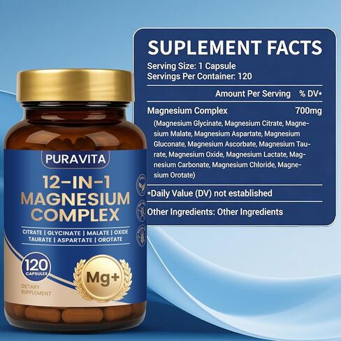 Puravita Magnesium Complex - Puravita 12 in 1 Magnesium Supplement with Glycinate, Citrate, Malate, Oxide, Taurat & More for Muscle, Nerve & Sleep Support, 120 Count in Saudi Arabia