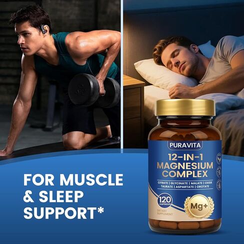 Puravita Magnesium Complex - Puravita 12 in 1 Magnesium Supplement with Glycinate, Citrate, Malate, Oxide, Taurat & More for Muscle, Nerve & Sleep Support, 120 Count in Saudi Arabia