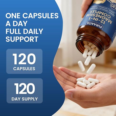 Puravita Magnesium Complex - Puravita 12 in 1 Magnesium Supplement with Glycinate, Citrate, Malate, Oxide, Taurat & More for Muscle, Nerve & Sleep Support, 120 Count in Saudi Arabia