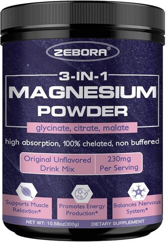 ZEBORA Magnesium Powder for Sleep, Chelated Magnesium Complex Supplement with Glycinate, Citrate and Malate, Unflavored Drink Mix with Electrolytes for Muscle & Brain Health, Vegan, Non-GMO, 10.58oz in Kuwait