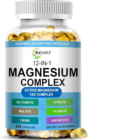 كبسولات هلامية من مركب المغنيسيوم - مكمل مغنيسيوم 12 في 1 مع الجليسينات والسيترات والمالات والأكسيد والتورات - مركب مغنيسيوم عالي الامتصاص للنساء والرجال لدعم العضلات والقلب والنوم والعظام والأعصاب in Kuwait