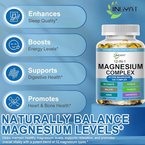 كبسولات هلامية من مركب المغنيسيوم - مكمل مغنيسيوم 12 في 1 مع الجليسينات والسيترات والمالات والأكسيد والتورات - مركب مغنيسيوم عالي الامتصاص للنساء والرجال لدعم العضلات والقلب والنوم والعظام والأعصاب in Kuwait