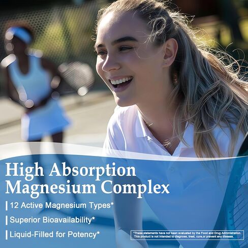 كبسولات هلامية من مركب المغنيسيوم - مكمل مغنيسيوم 12 في 1 مع الجليسينات والسيترات والمالات والأكسيد والتورات - مركب مغنيسيوم عالي الامتصاص للنساء والرجال لدعم العضلات والقلب والنوم والعظام والأعصاب in Kuwait